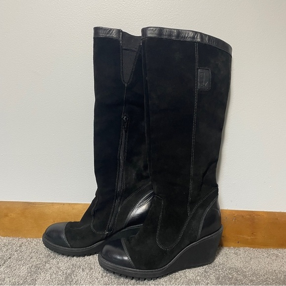 Puma Black Suede Wedge Knee High Boots | Size 6.5 EU 37 | Vintage Sport Goth - Picture 2 of 16